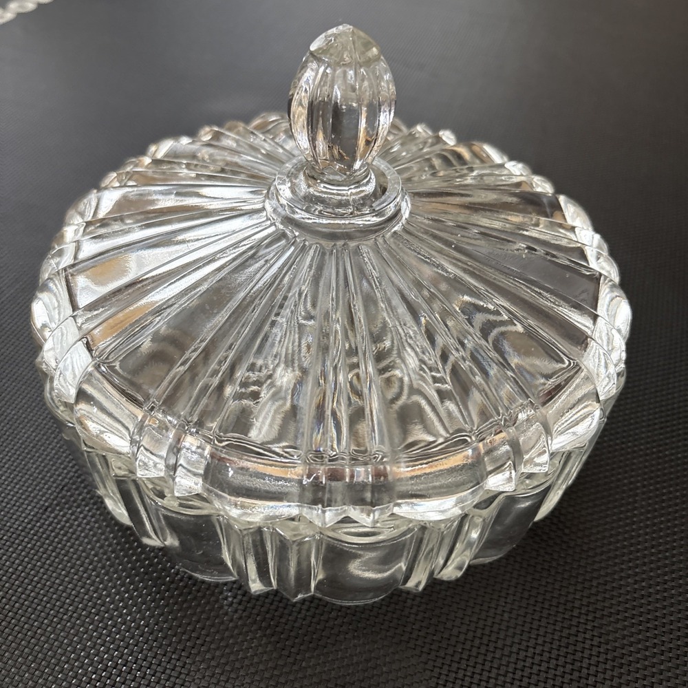 Vintage Clear Pressed Glass Covered Candy Dish Sunburst Ribbed Lid 7"